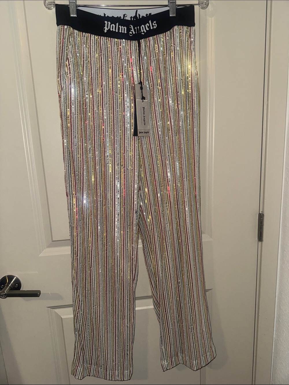 Palm Angels Black-Waist Multicolor Sequin Stripe Pants